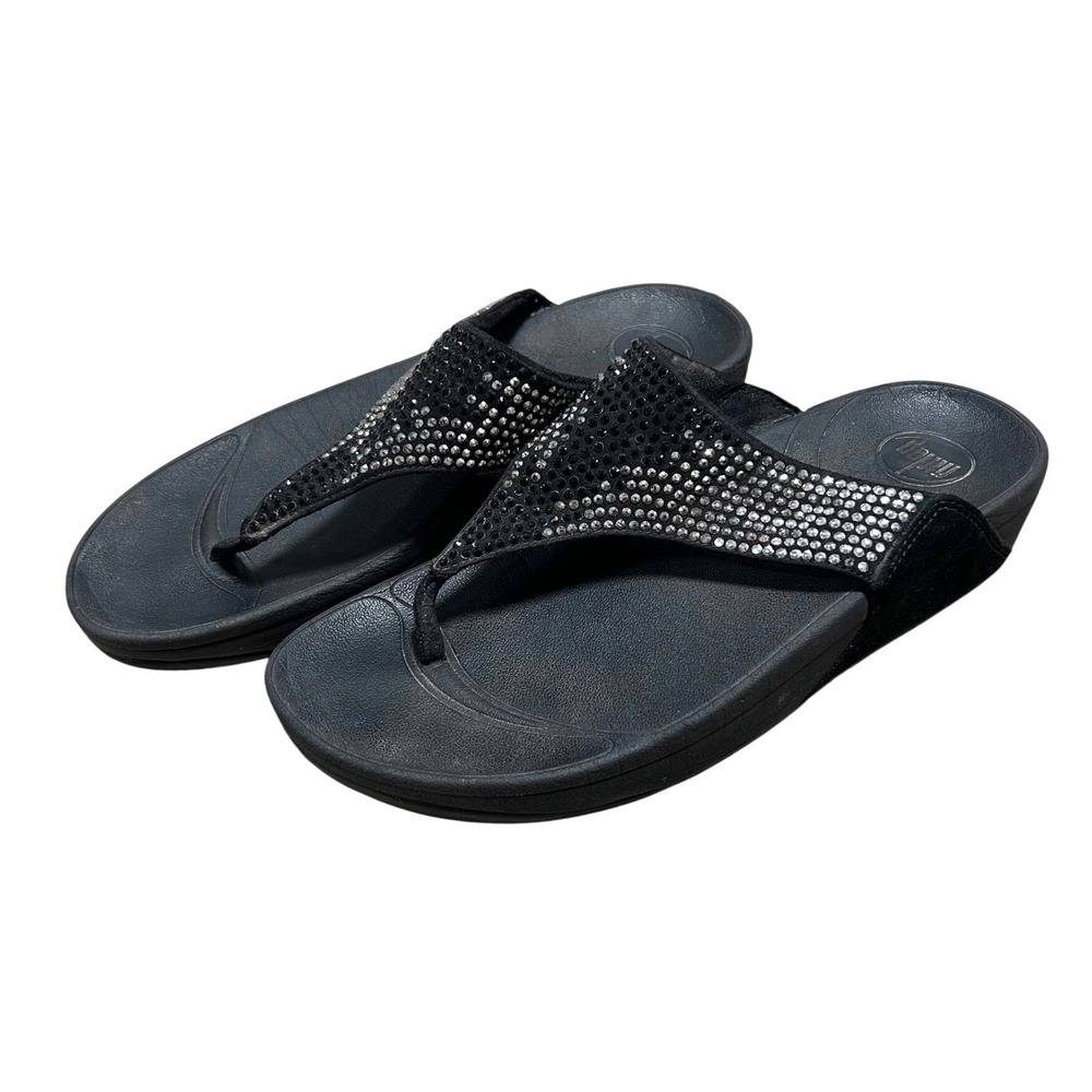 FitFlop Womens Lulu Shimmerlux Crystal Thong Sandals Black Size 9 269-001